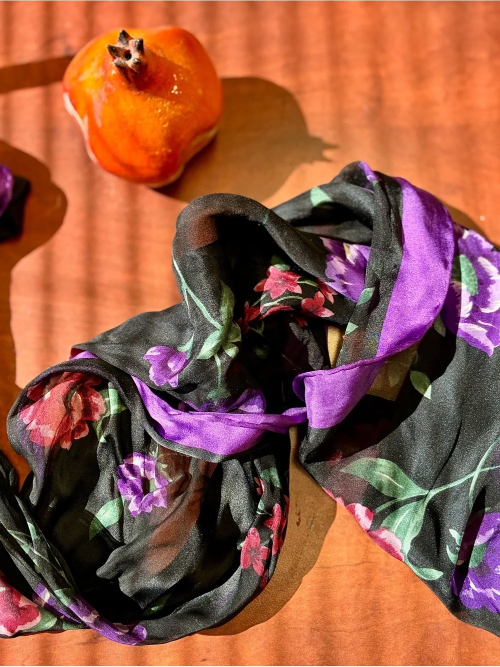 Bill Blass Vintage Black & Purple Floral Silk Scarf